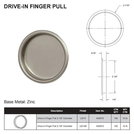 Delaney Hardware 2 1/8 in. DRIVE-IN FINGER PULLS US15 400515